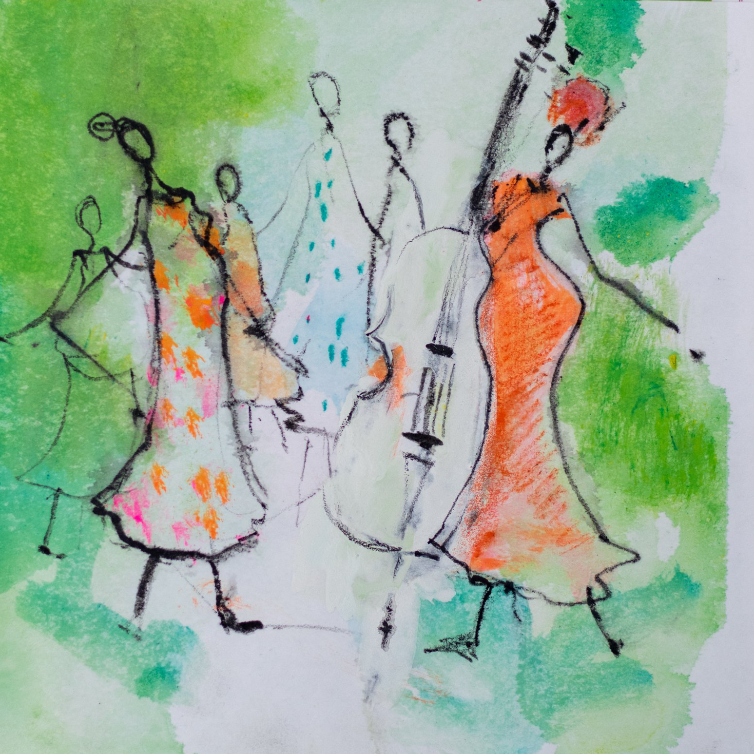 Gemälde von Annette Stachs, das eine Gruppe Frauen mit einem Cello in der Mitte zeigt.