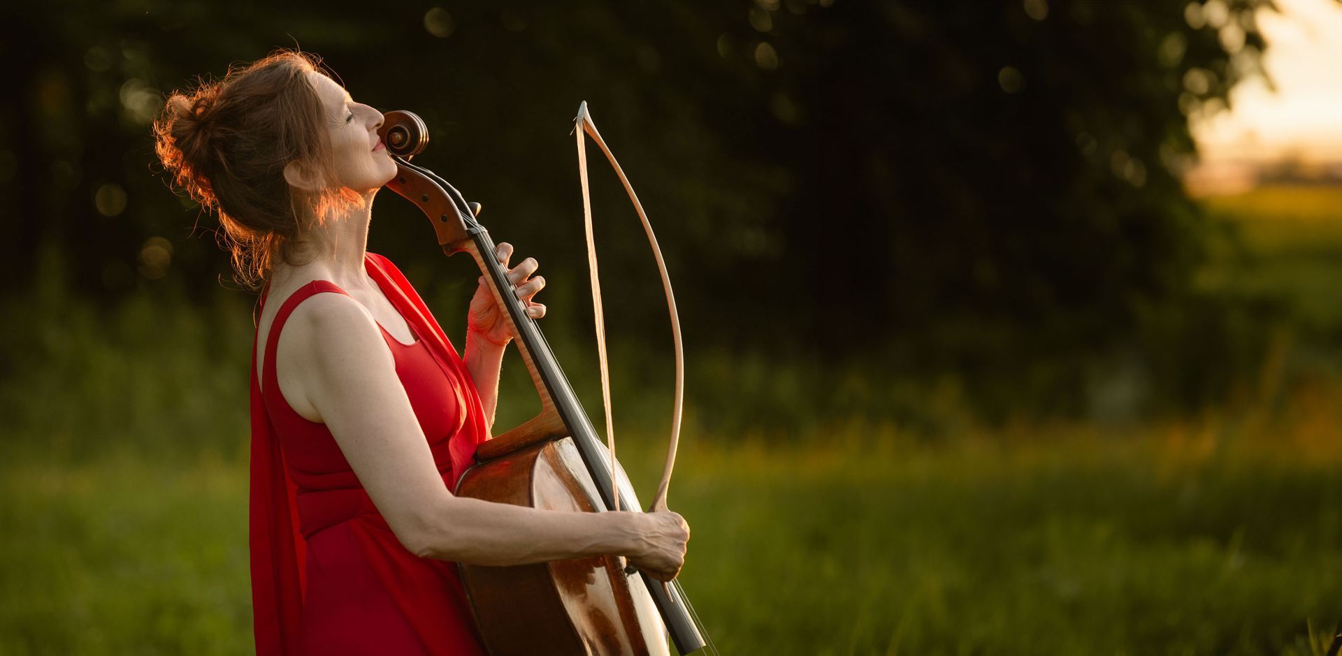 Sue Schlotte, renommierte Cellistin, bei einem Live-Konzert mit improvisierter Musik. Sie spielt Cello auf einer Wiese bei Sonnenuntergang.