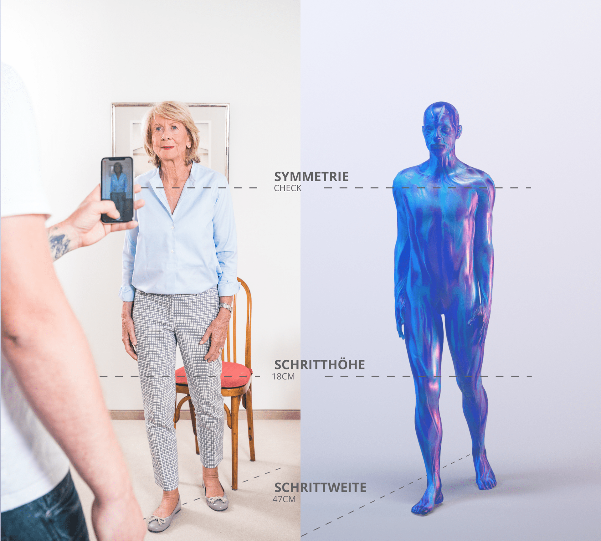 Styling für eine Szene mit Körperanalyse per App – therapeutisches Setting mit Fokus auf Technik, Bewegungserfassung und professionelle Atmosphäre