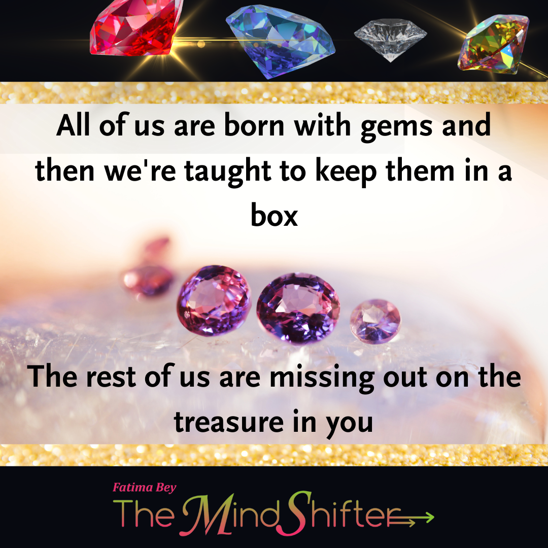 Sparkling gems including diamonds, rubies, and sapphires scattered on a golden bokeh background with the quote 'All of us are born with gems and then we're taught to keep them in a box. The rest of us are missing out on the treasure in you' by Fatima Bey, The Mind Shifter