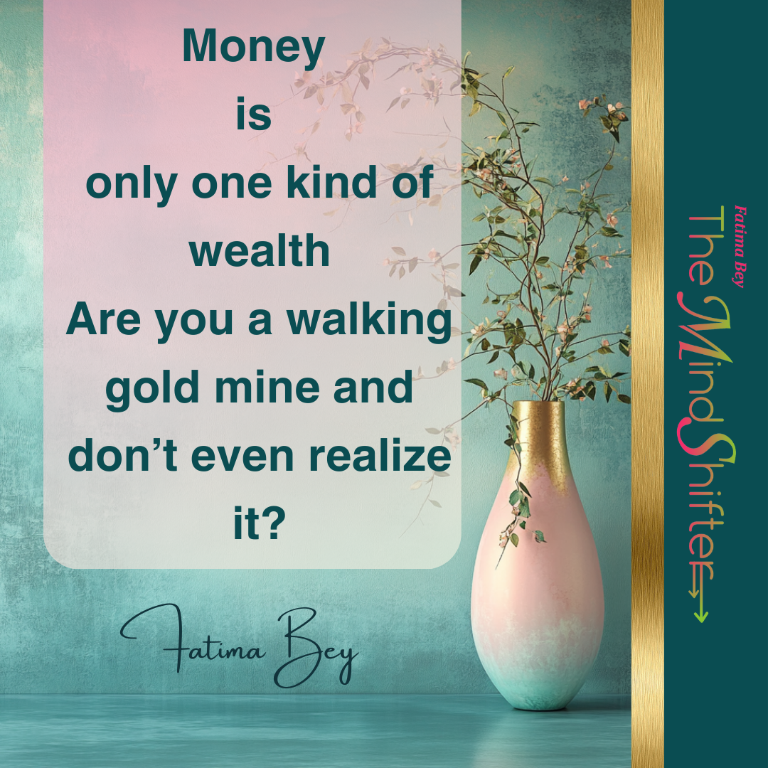 Quote about wealth beyond money by Fatima Bey with decorative vase