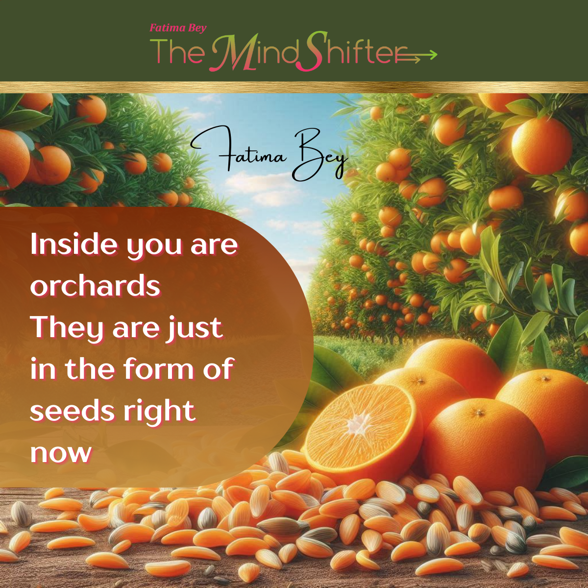 Inspirational image showing orange trees in an orchard with fresh oranges and scattered orange seeds in the foreground, featuring text 'Inside you are orchards They are just in the form of seeds right now' by Fatima Bey from The Mind Shifter
