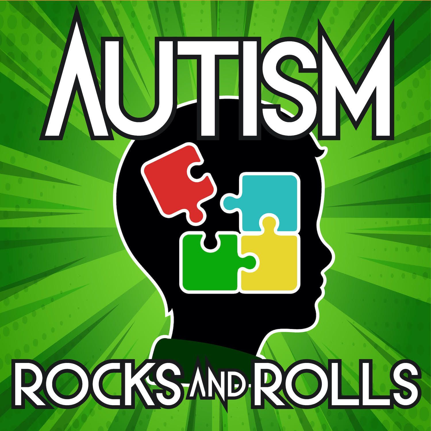 Autism Rocks and Rolls logo with a silhouette head containing colorful puzzle pieces on a green burst background.