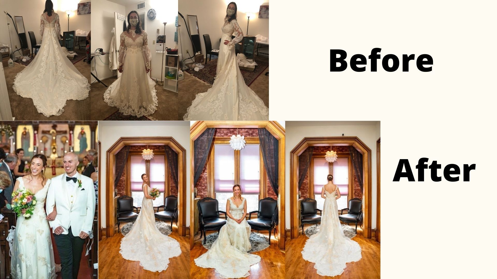 A before-and-after heirloom redesign, showing a long-sleeve vintage gown transformed into a modern, sleeveless V-neck wedding dress with a beautifully sculpted fit.