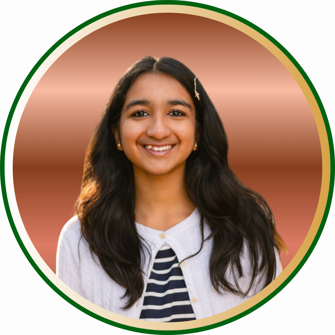 Portrait of Tanushri Sriram, 13-year-old TEDx speaker, smiling against a warm gradient background for MindShift Power Podcast guest bio section