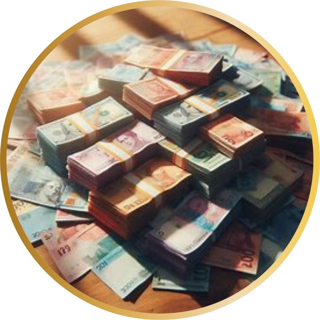 Stacks of colorful international currency inside a gold circle, representing MindShift Coaching for Entrepreneurs and the idea that mindset creates money long before strategy ever does.