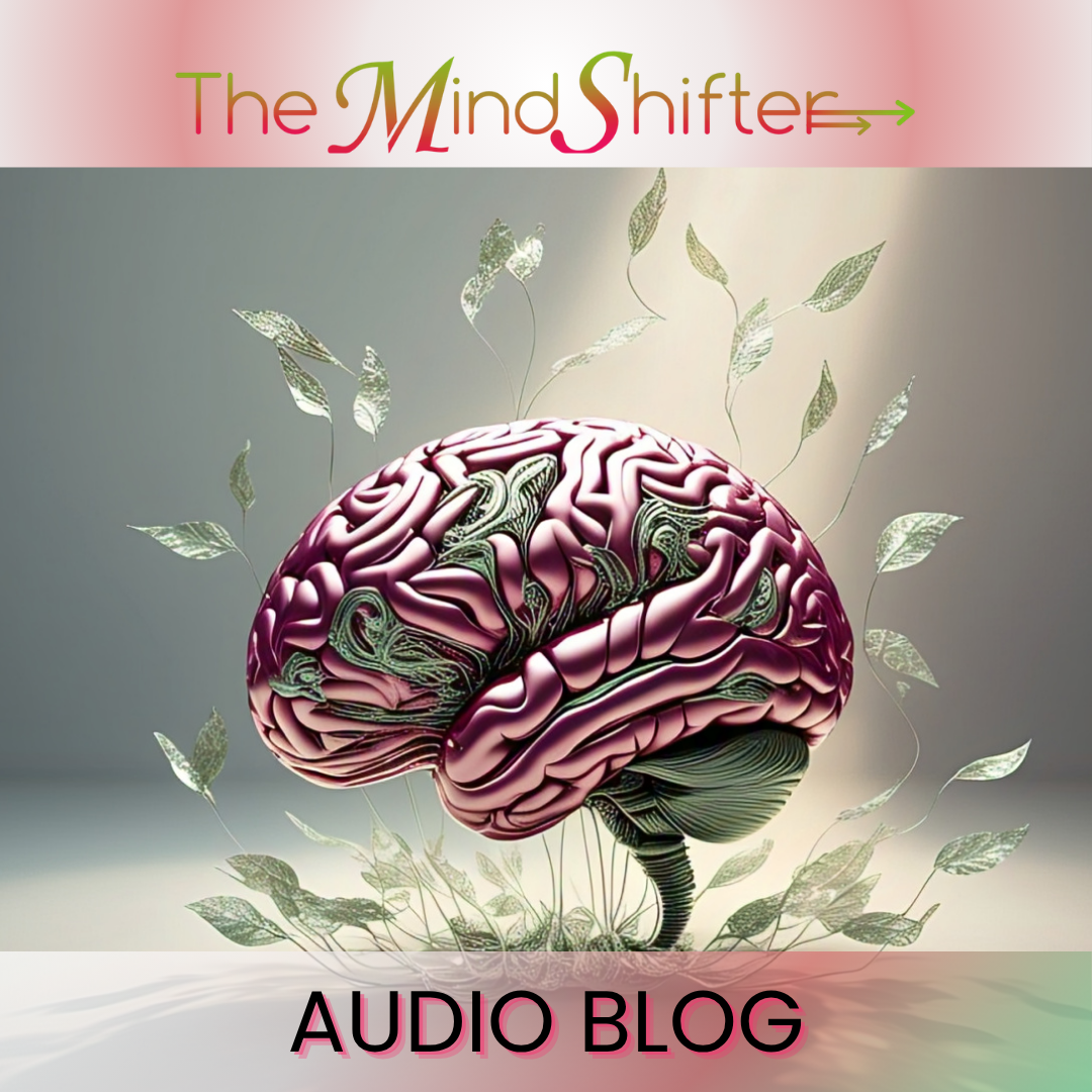 Cover Art for The MindShifter Audio Blog with a brain growing leaves in silver, pink, and gold