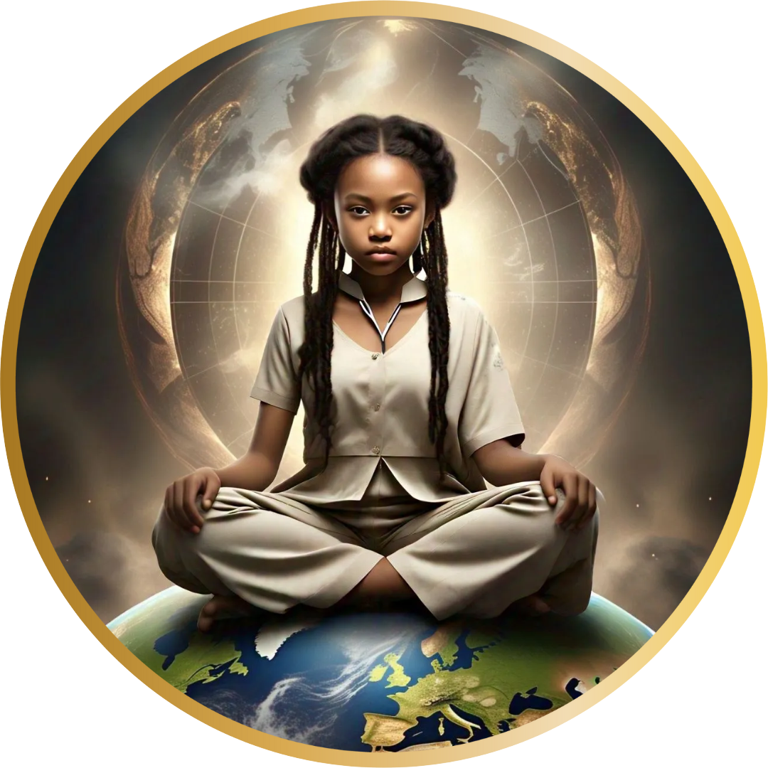 Teen empowerment coaching image featuring a young Black girl seated cross-legged on a glowing Earth with a radiant golden world behind her, symbolizing global leadership, confidence, inner power, and the MindShift approach to helping teens recognize their potential.