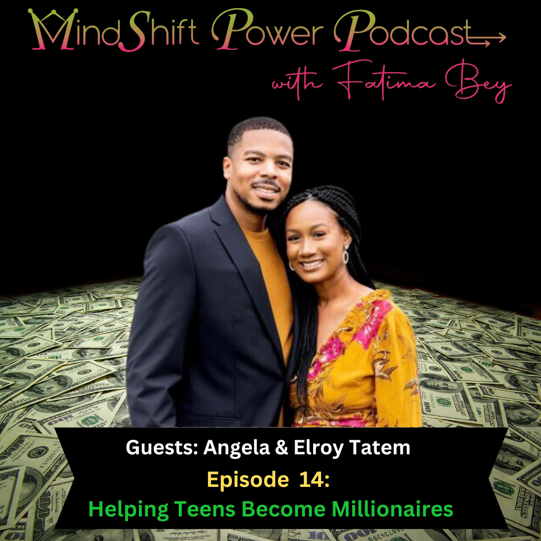 MindShift Power Podcast Episode 14 cover featuring guests Angela and Elroy Tatem smiling in front of a black background with a floor covered in scattered hundred dollar bills. Episode title reads
