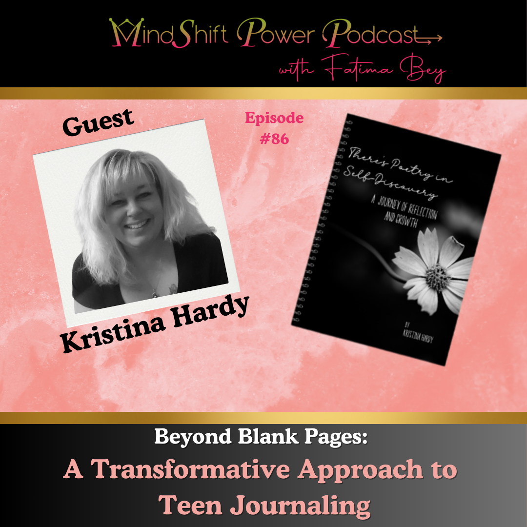Promotional image for MindShift Power Podcast Episode #86 featuring guest Kristina Hardy. The image has a pink textured background with a gold border at top and bottom. At the top is the podcast logo