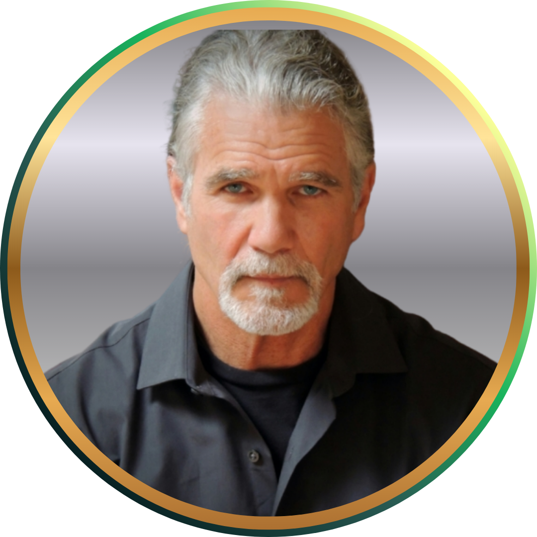 Bazzel Baz with silver hair and white goatee, wearing a dark shirt, circular headshot framed with green and gold border