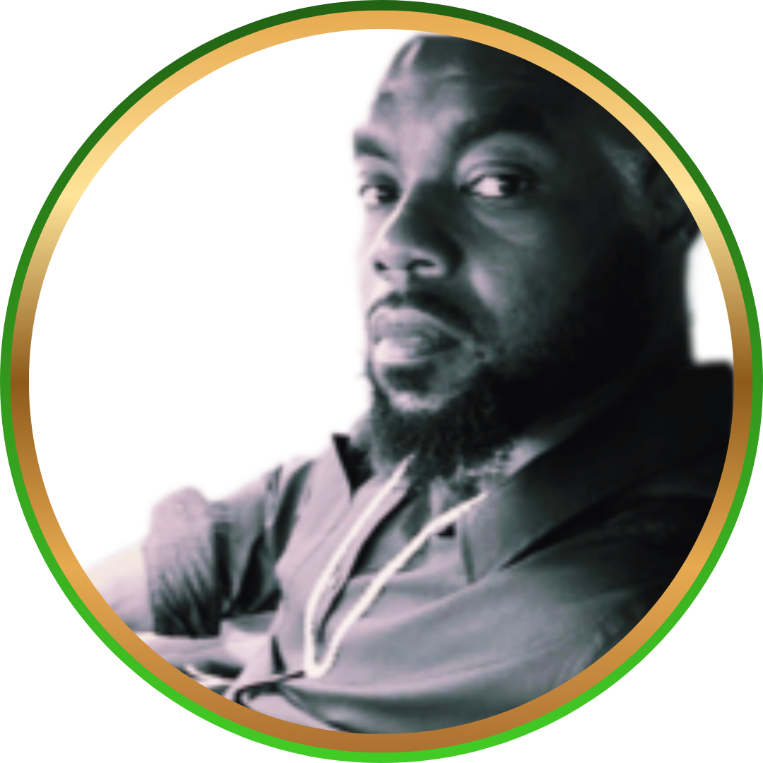 Tavon J. Partlow Sr., black and white circular headshot of a Black man with a beard looking to the side, framed with a green and gold border