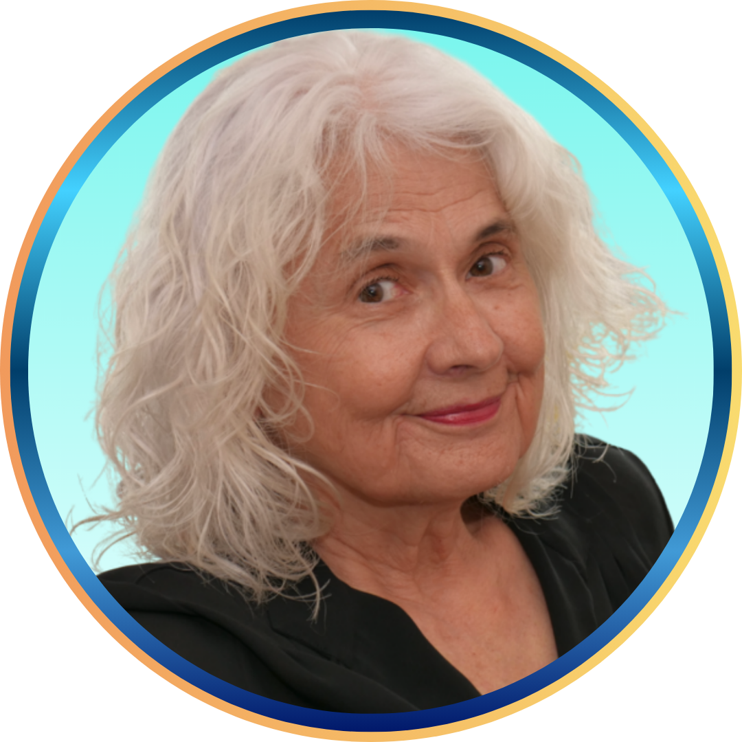 Susan Burgess-Lent with white wavy hair and slight smile, circular headshot framed with blue and gold border on a teal background