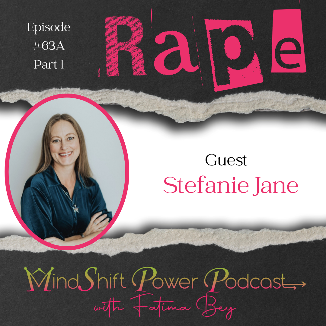 MindShift Power Podcast Episode #63A Part 1 cover featuring guest Stefanie Jane smiling in a pink oval frame wearing a dark teal top. The background has a torn paper effect with the episode title