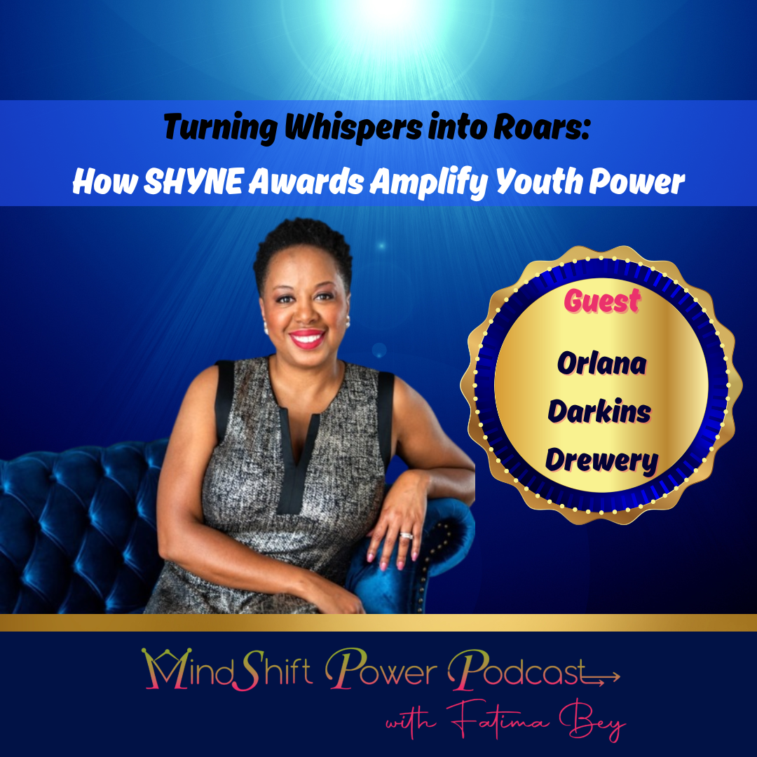 Orlana Darkins Drewery, CEO of SHYNE Network, seated on a blue chair against a blue background with the podcast title