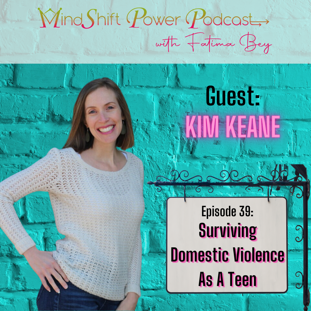MindShift Power Podcast Episode 39 cover featuring guest Kim Keane smiling in a white knit sweater against a bright teal brick wall. A hanging sign next to her reads