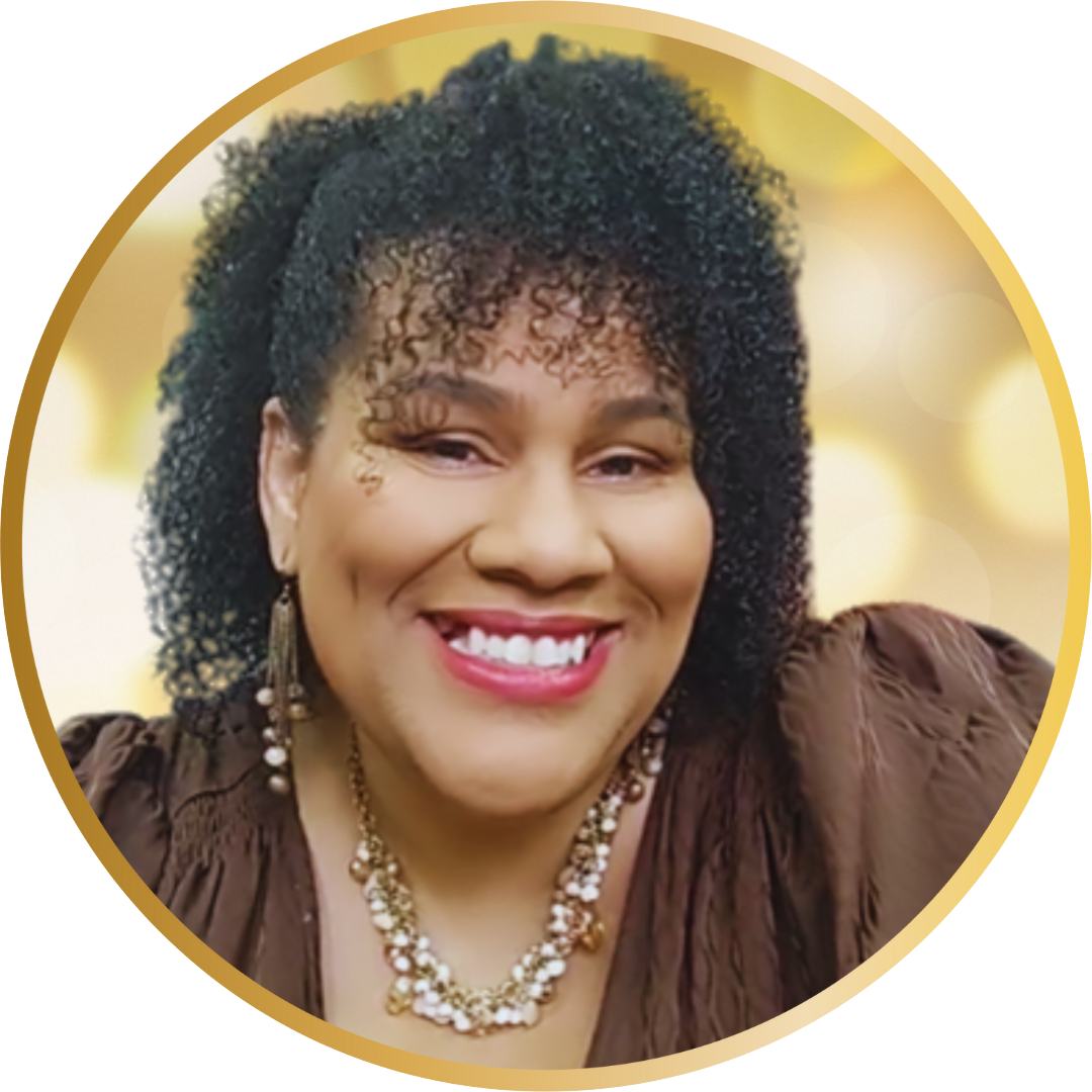 Fatima Bey smiling in a brown blouse, circular gold-framed portrait against a warm gold bokeh background.