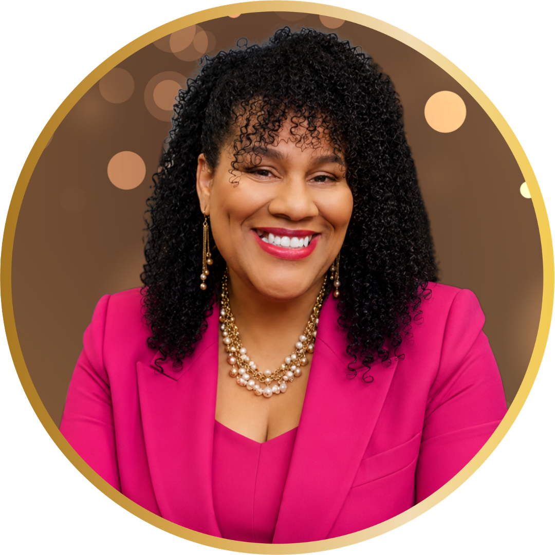 Fatima Bey smiling in a pink blazer, circular gold-framed portrait.