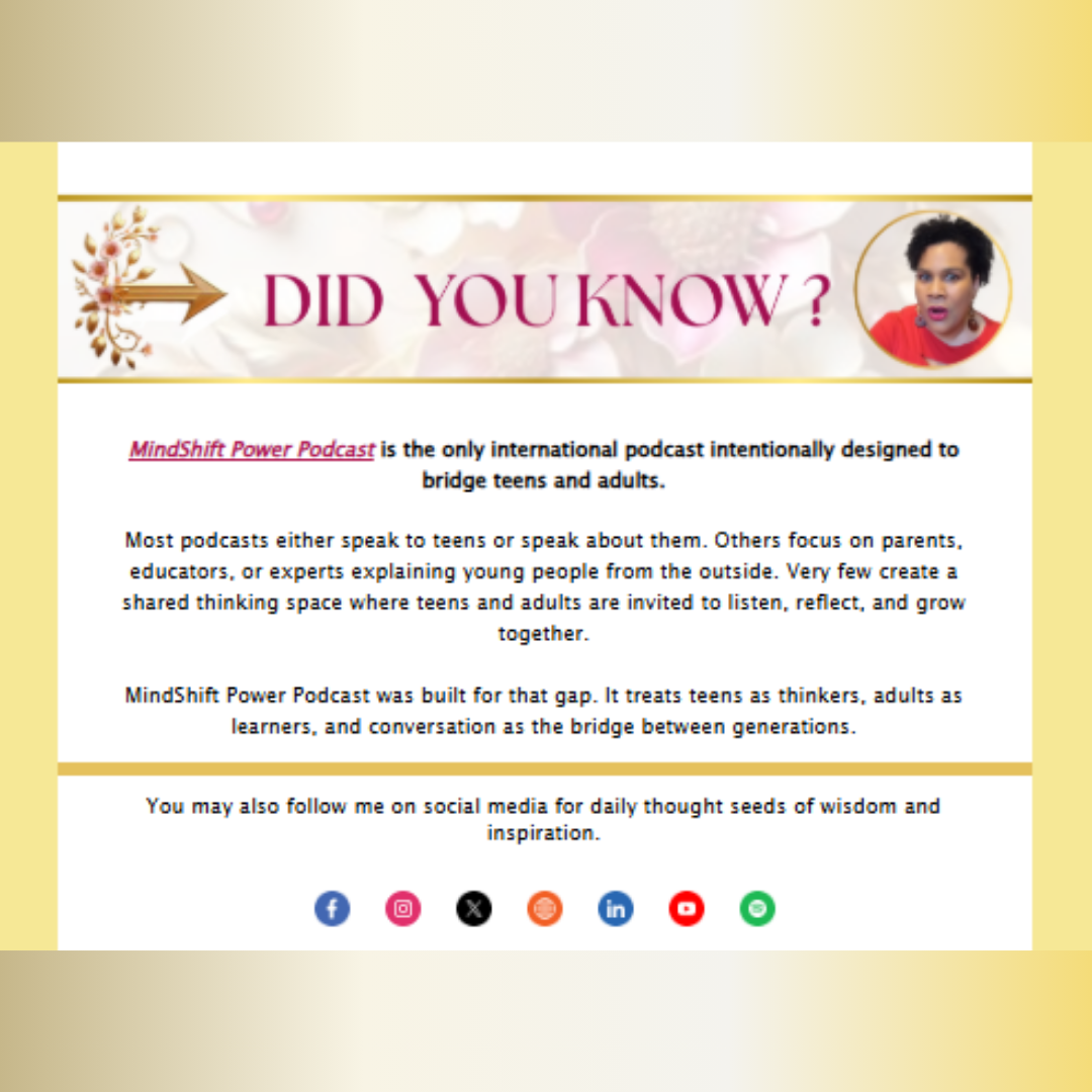 MindShift Weekly Did You Know section featuring insight about MindShift Power Podcast being the only international podcast bridging teens and adults through shared thinking
