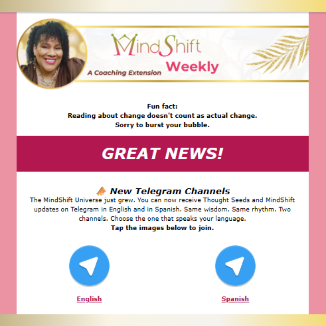 MindShift Weekly promotional graphic announcing new Telegram channels in English and Spanish, featuring a photo of Fatima Bey, the MindShift Weekly logo, and a message about receiving Thought Seeds and updates on Telegram.