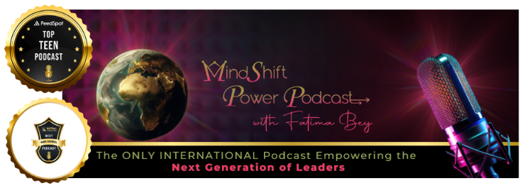 MindShift Power Podcast logo, pink and green script on dark background with a glowing world and a microphone
