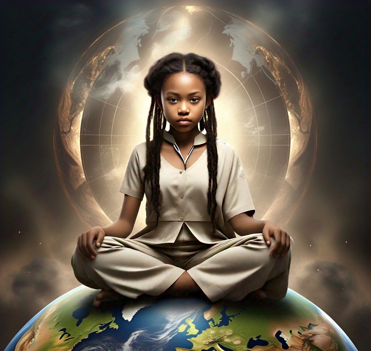 Teen empowerment coaching image featuring a young Black girl seated cross-legged on a glowing Earth with a radiant golden world behind her, symbolizing global leadership, confidence, inner power, and the MindShift approach to helping teens recognize their potential.