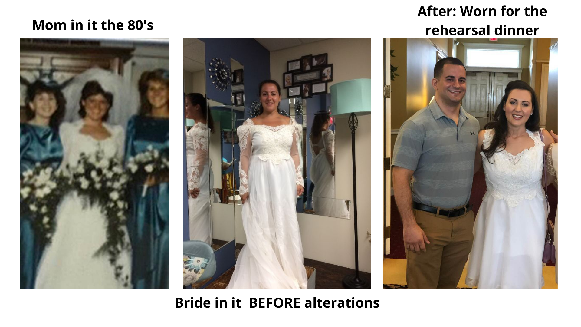 A three-panel heirloom transformation, showing a 1980s wedding gown expertly redesigned into a modern, sleeveless rehearsal dinner dress.