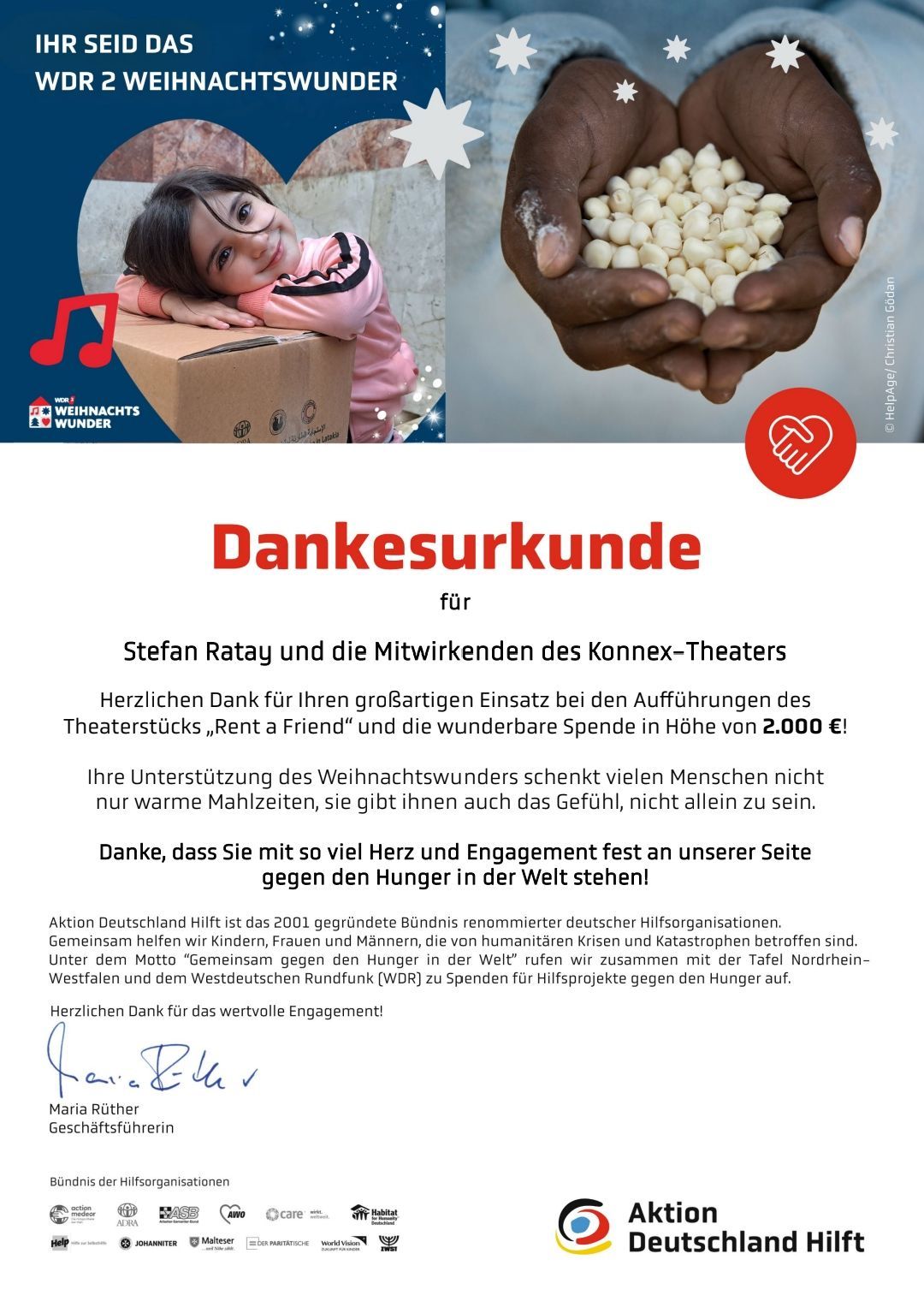 Dankesurkunde WDR2-Weihnachtswunder Dankesurkunde WDR2-Weihnachtswunder