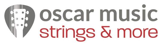 Das rot-graue Logo von oscar music, daneben ein graues Plektrum, welches denweißen  Kopf eines Gitarrenhalses enthält