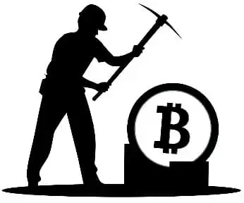 Bei grünen Kryptowährungen ist das Mining umweltfreundlich. Symbol ein Mann mit Sitzhacke über einem Bitcoin.