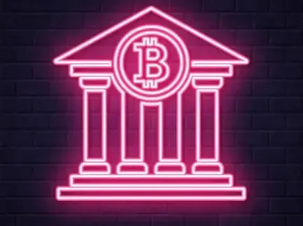 Ein leuchtendes Bitcoinsymbol auf einer Bank steht für die Besteuerung von Kryptowährungen.