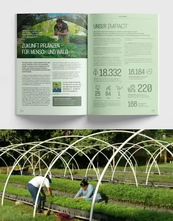 Ein Bild des aufgeschlagenen Impact Reports der Generation Forest eG.