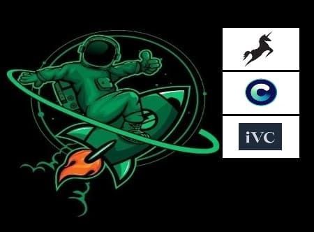 Ein Mann auf einer grünen Rakete vor einem schwarzem Hintergrund symbolisiert Venture Capital.