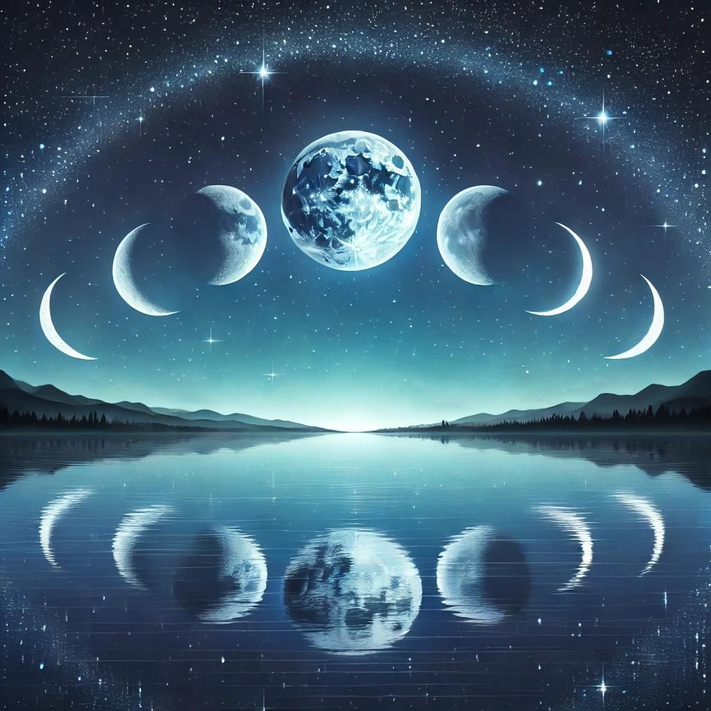 L'immagine rappresenta le fasi lunari in un cielo stellato che si riflette perfettamente su un lago