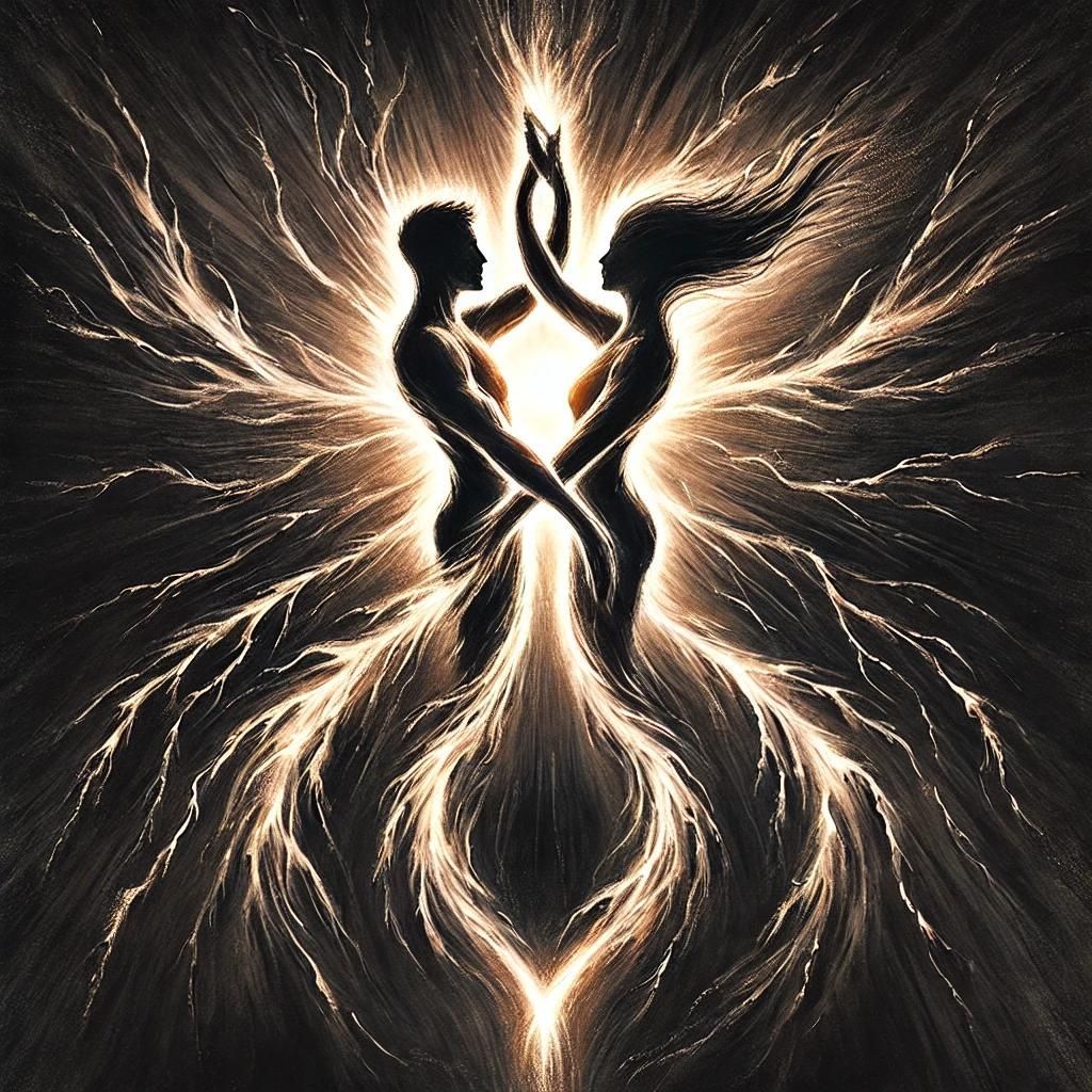 Illustrazione di fiamme gemelle: due anime connesse in un abbraccio energetico che simboleggia amore