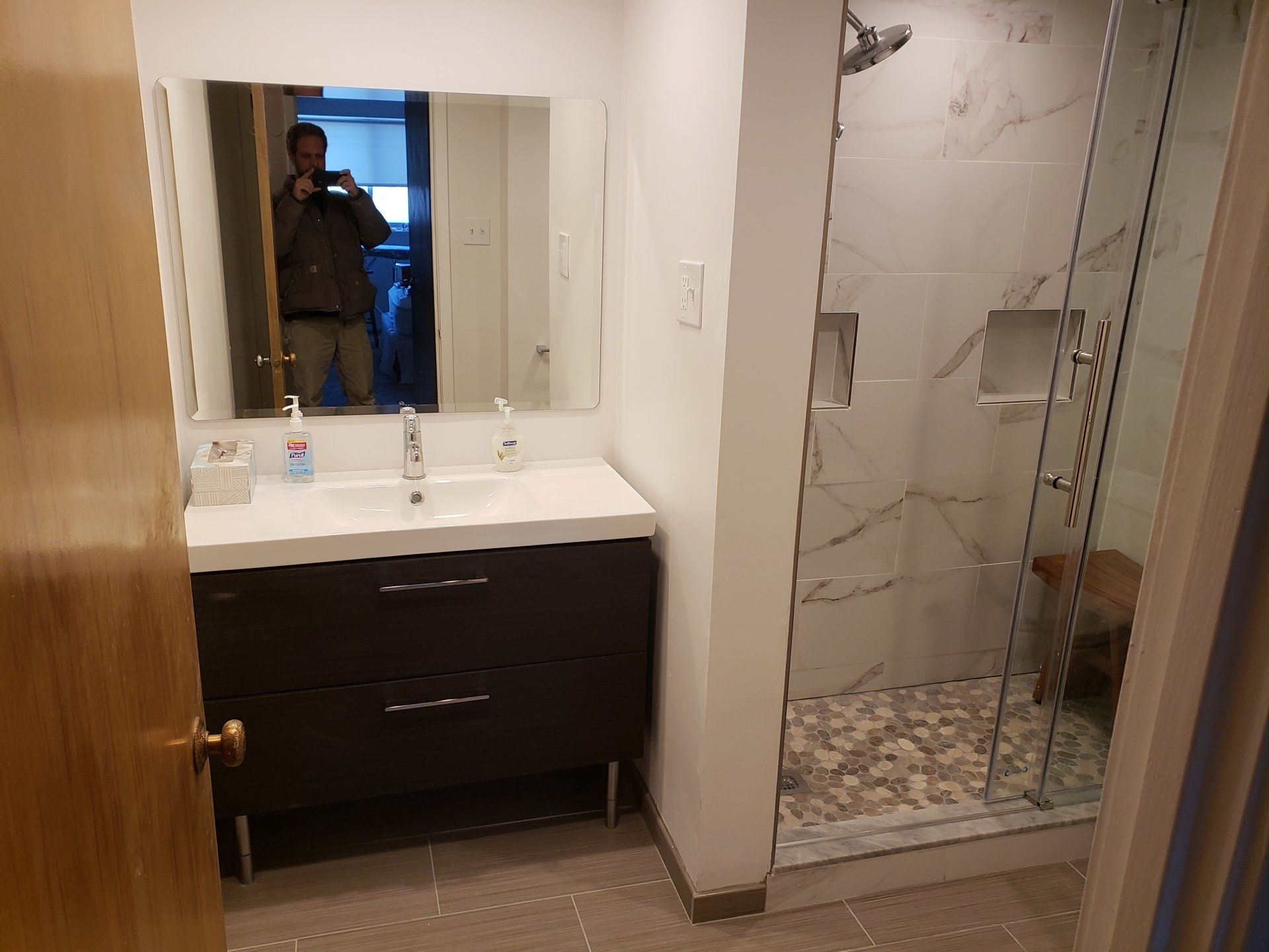 full bathroom remodel in jenkintown new vanity pebble shower floor slider doors