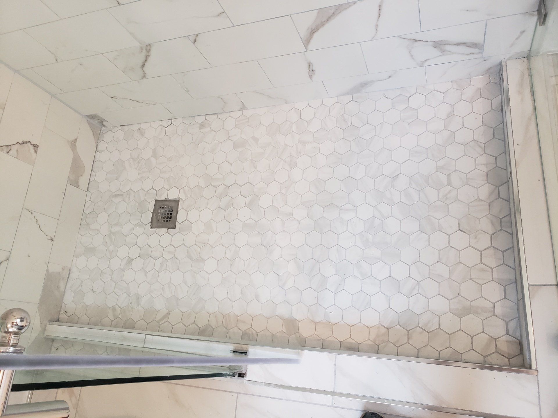 hexigon shower floor tiles in Jenkintown bathroom remodel