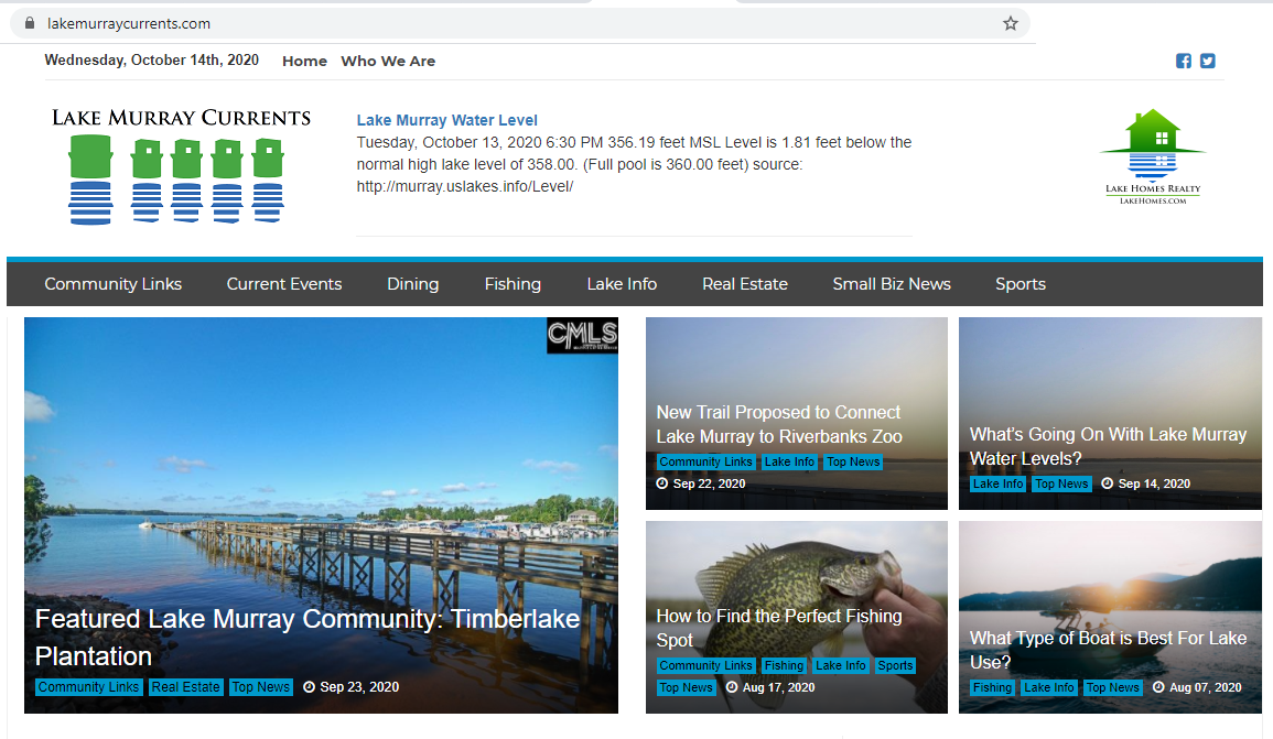 Lake Murray Currents desktop website screenshot
