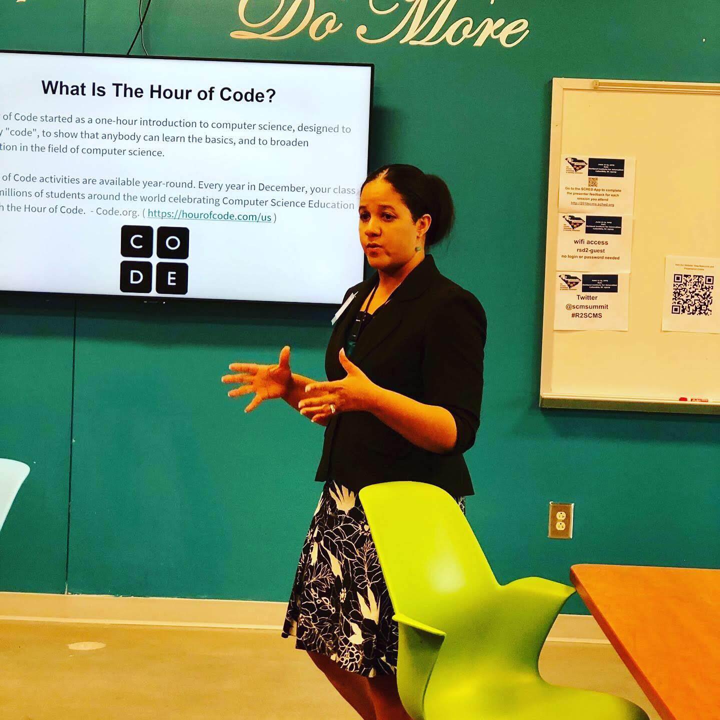 Shambi Broome giving a talk on the Hour of Code