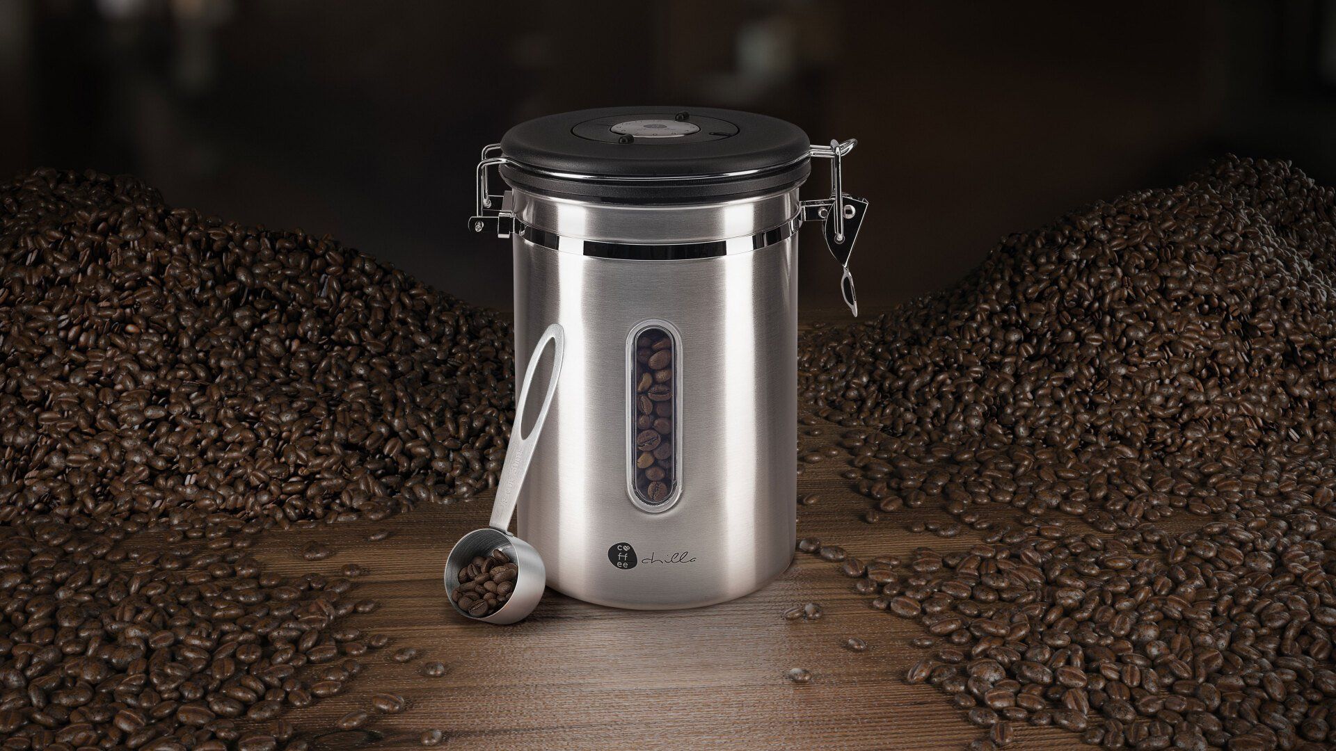 Kaffee CGI-Hintergrund Rendering Location Kaffeedose Edelstahl Produktfotografie