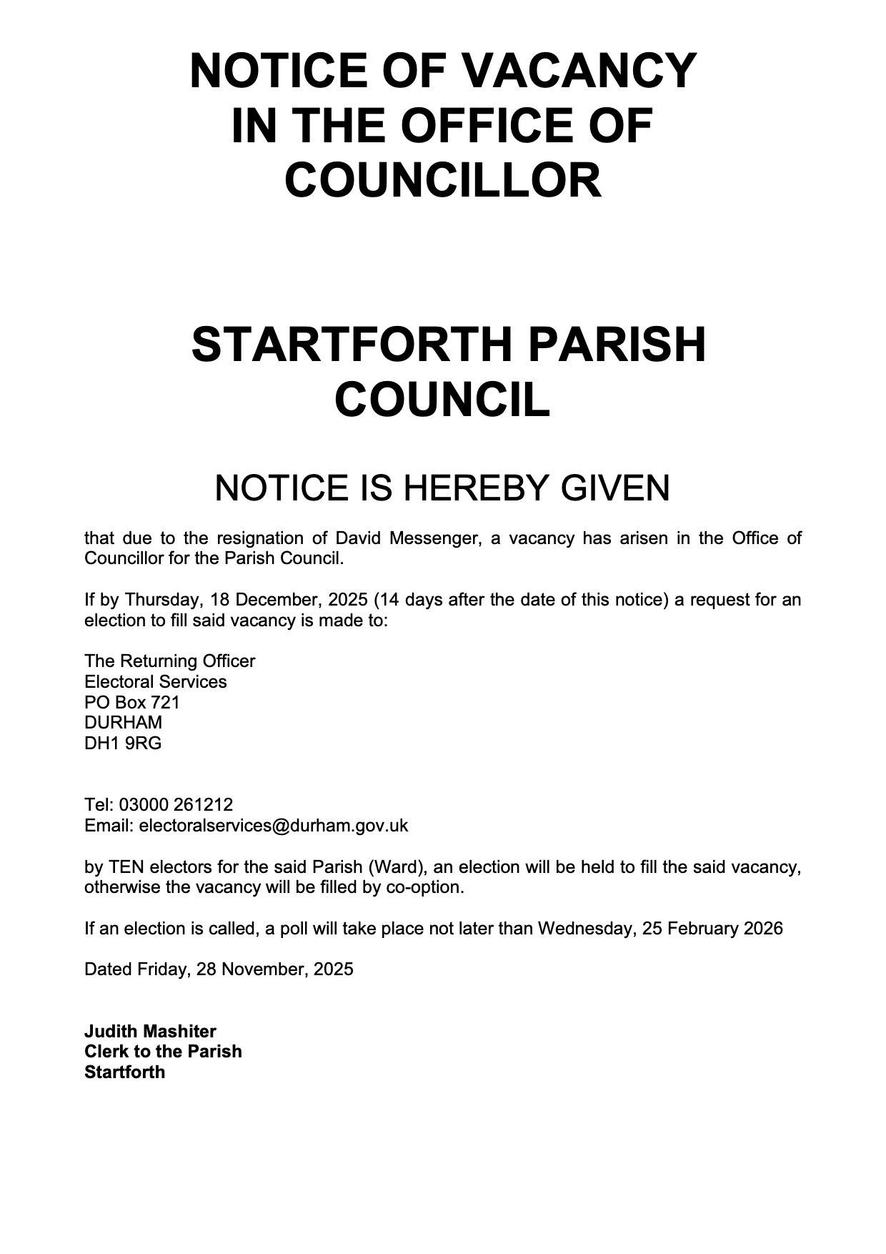 Notice of Vacancy in the office of Councillor