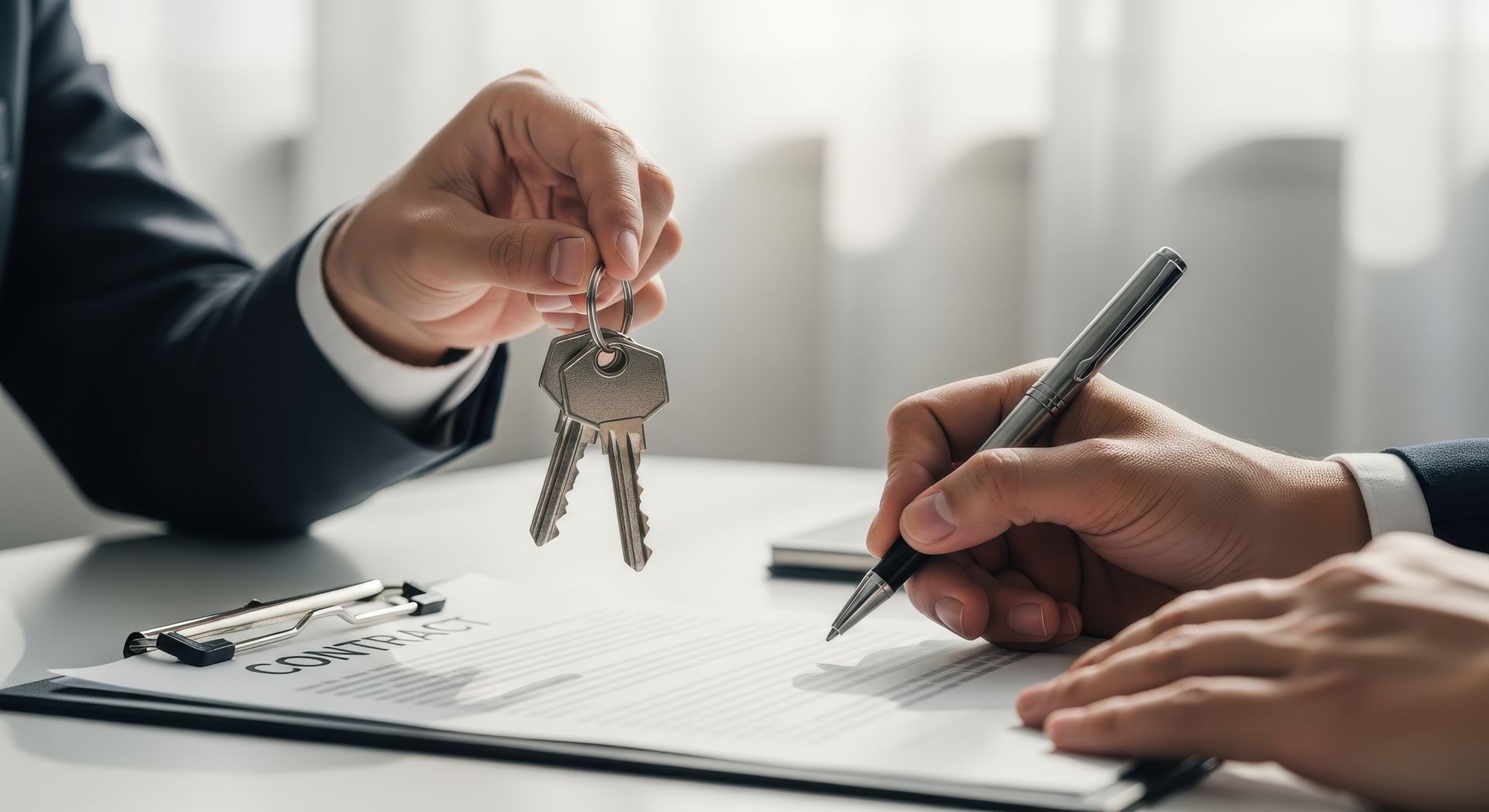 Handing over a set of keys while signing a contract, representing PFI handback and expiry.