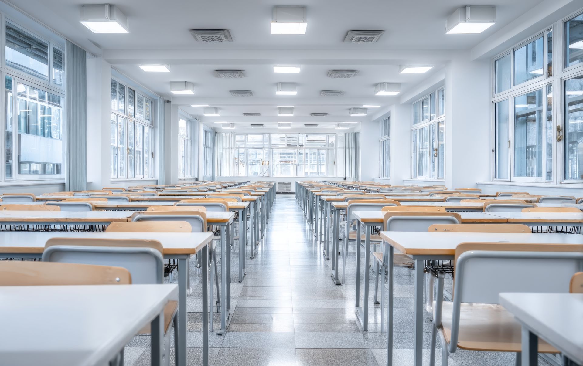 Empty classroom with rows of desks, an outdated, one-size-fits-all school building layout.