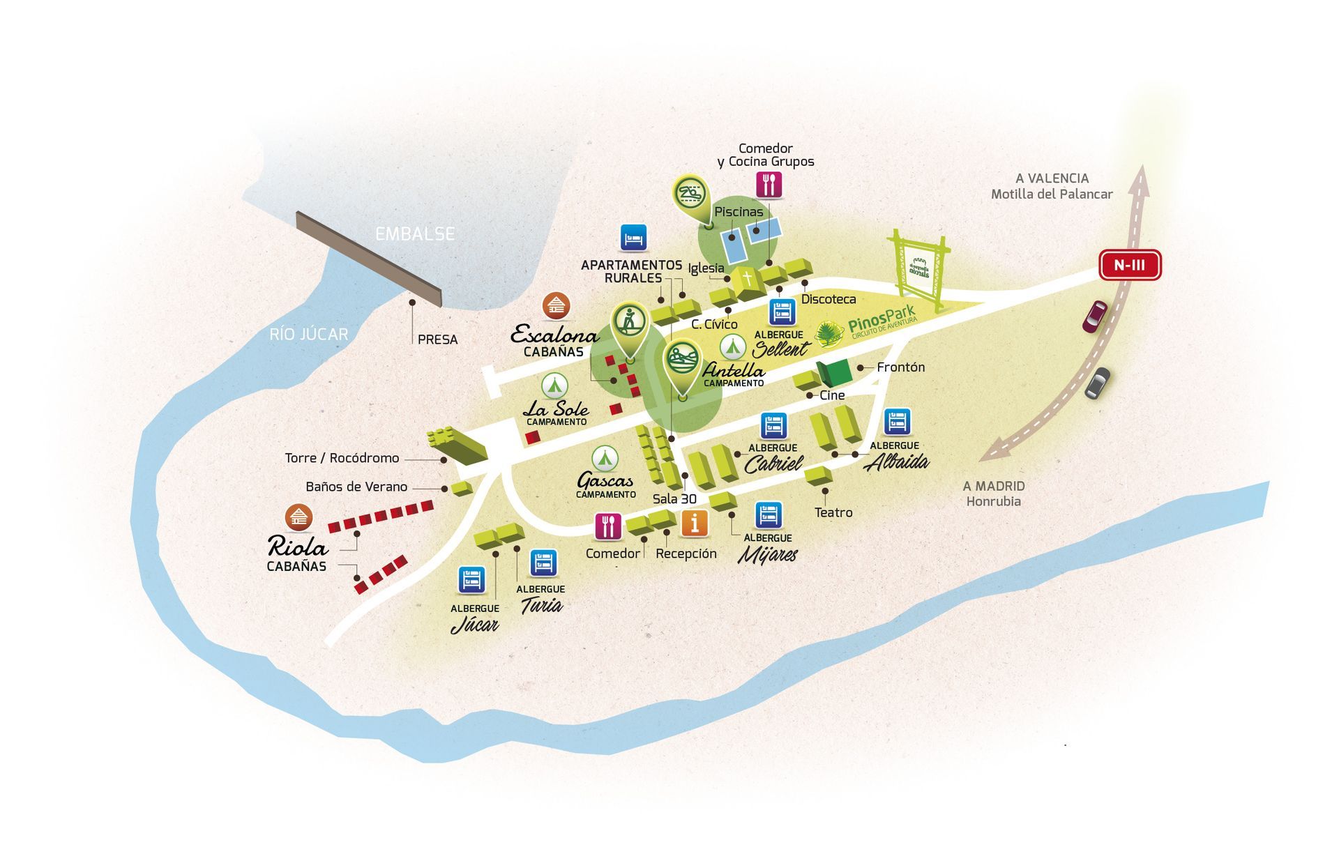 Plano de los puntos de encuentro de las actividades en el agua