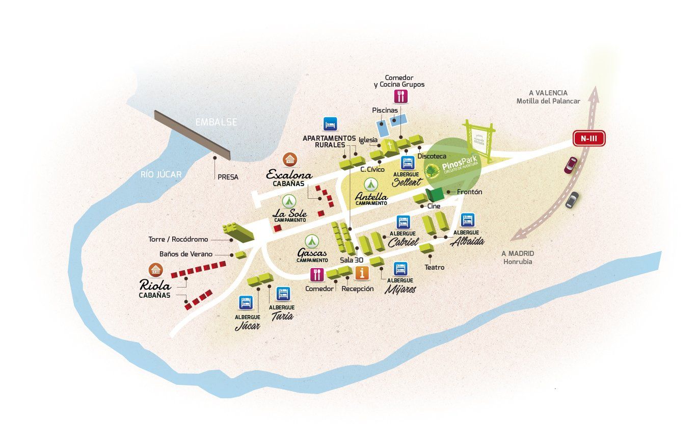 Plano de los puntos de encuentro de Pinos Park