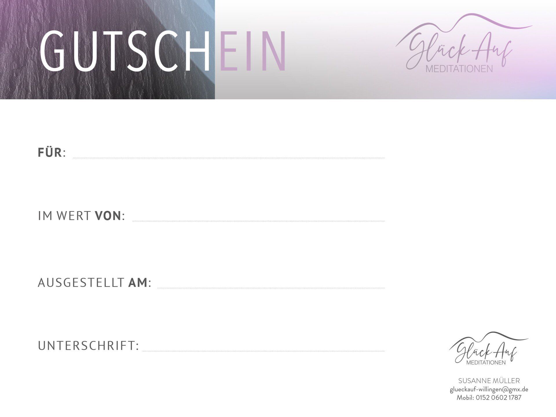 Interesse? Kontaktiert mich gern unter der angegebenen E-Mail Adresse Gutschein Glückauf Meditation