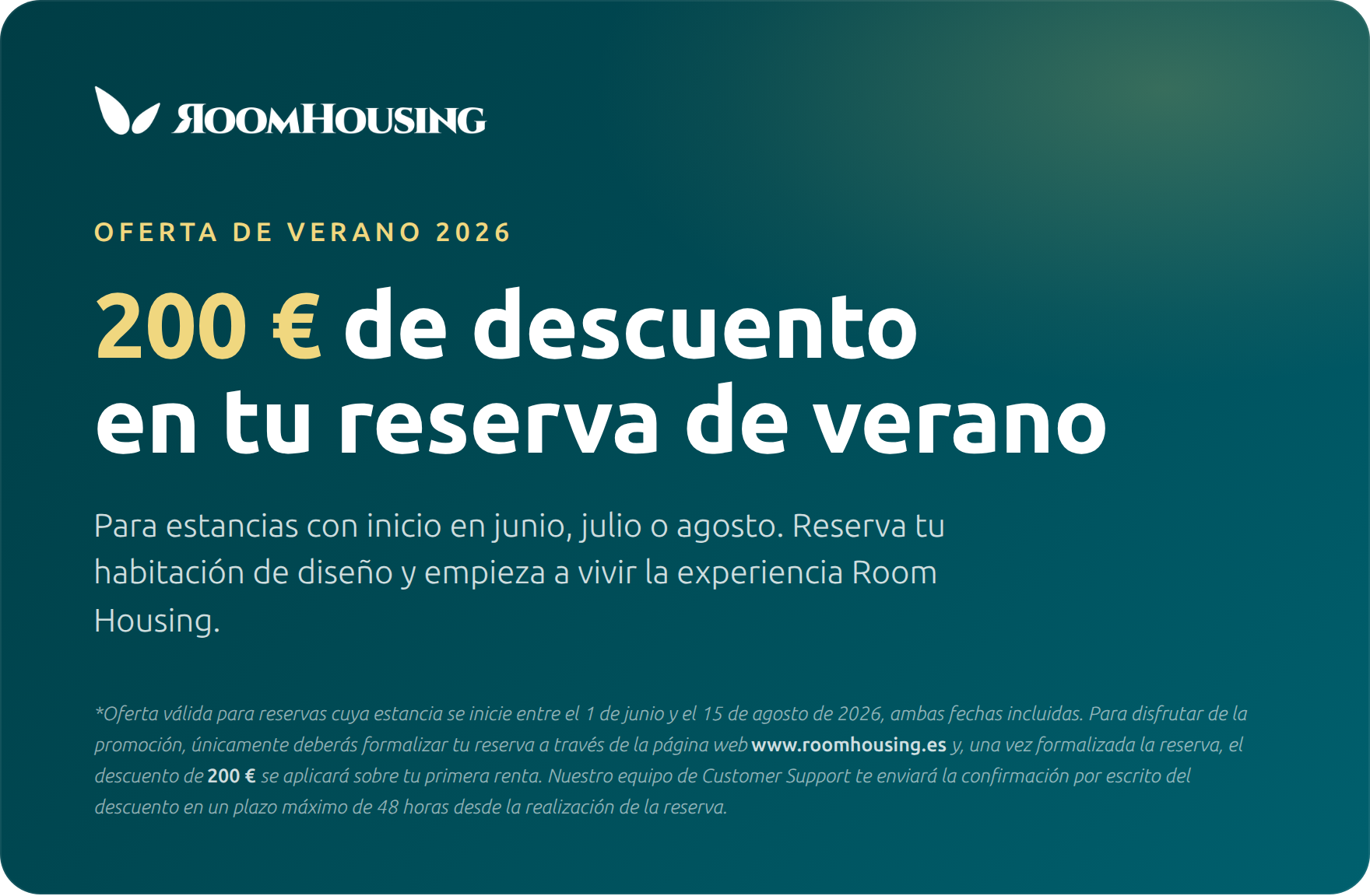 Oferta de verano 2026: 200 euros de descuento en tu reserva de verano con Room Housing.