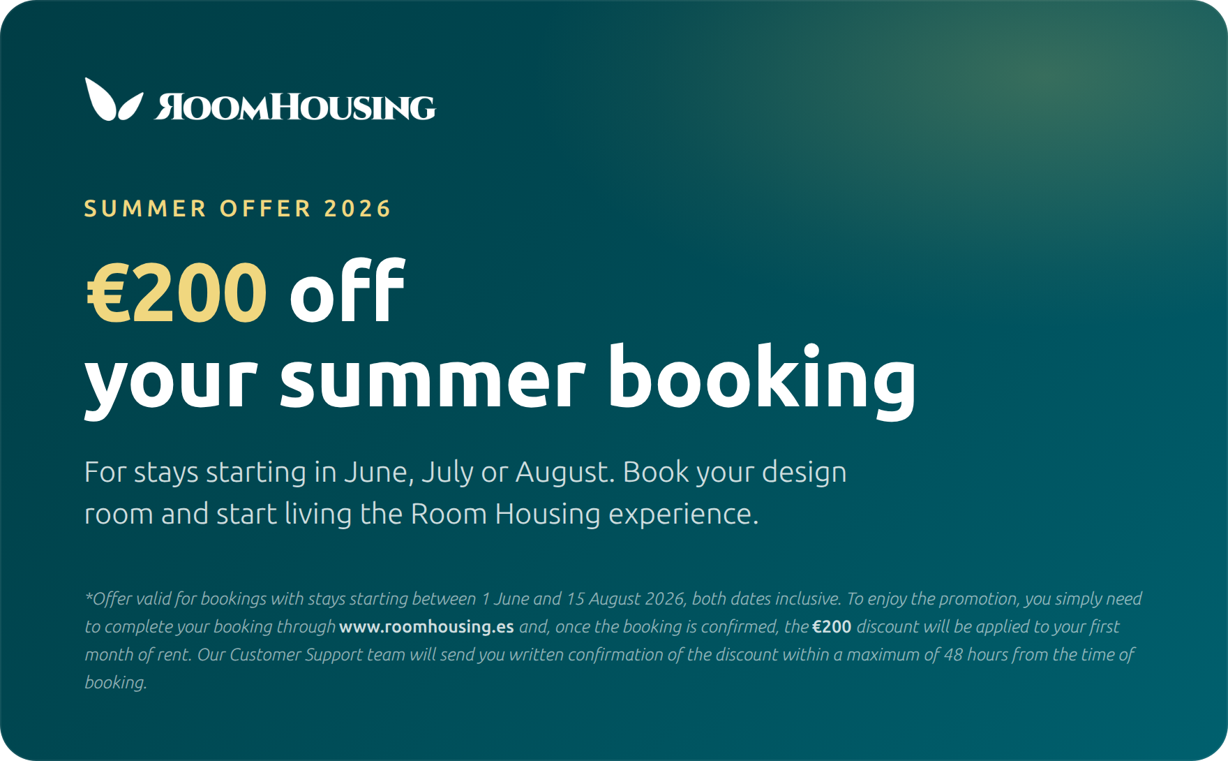 Oferta de verano 2026: 200 euros de descuento en tu reserva de verano con Room Housing.