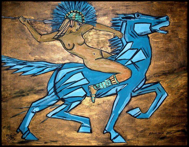 Reitende Amazone auf einem Pferd mit Lanze Eigener Stil und nach Franz von Stuck