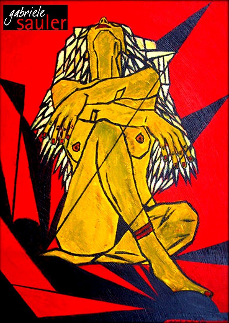 weiblich sitzend eine aktmaleriei die eine amazone in erotik pose zeigt gemalt in acryl auf leinwand